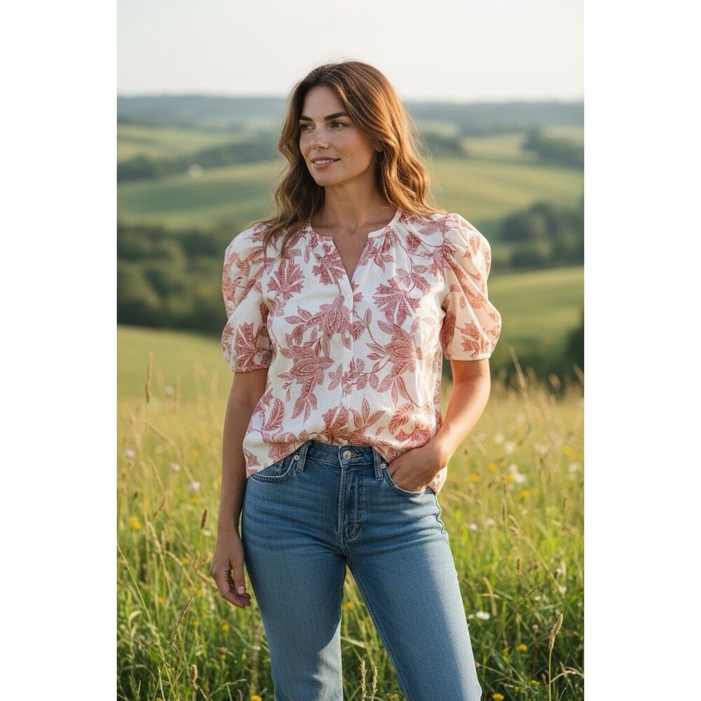 Floral Puff-Sleeve V-Neck Top in Dusty Rose